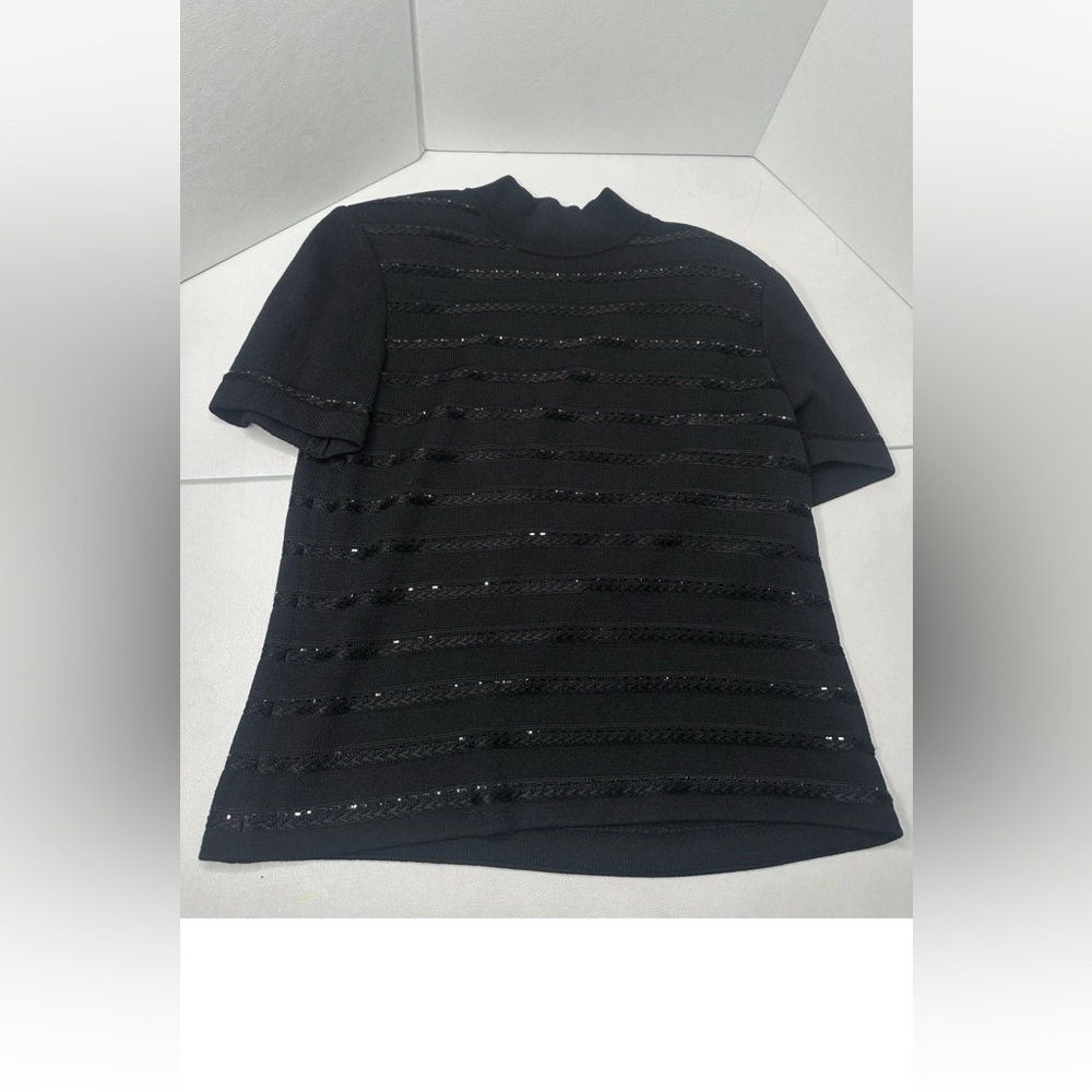St. John Evening Santana Black Short Sleeve Knit Mock Turtleneck Rhinestones